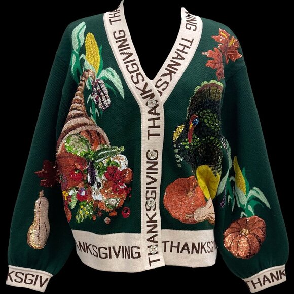 NWT Queen of Sparkles Dark Green Thanksgiving Button Cardigan - Picture 3 of 4